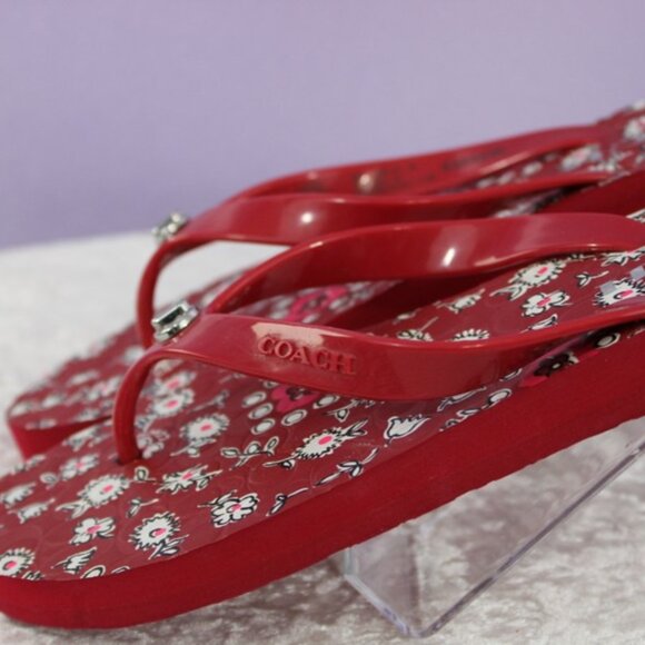 Coach Red Floral Print Flip-Flops Sandals Size 5–6 Logo Detail - Picture 3 of 7
